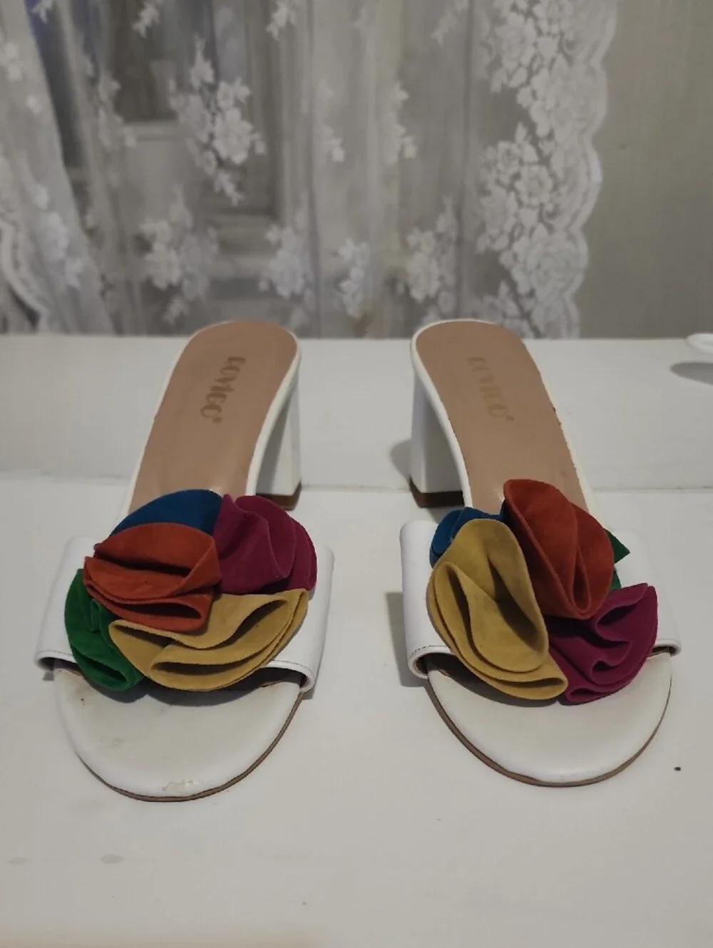 White Heeled Slide Sandals with Multicolor Floral Accent